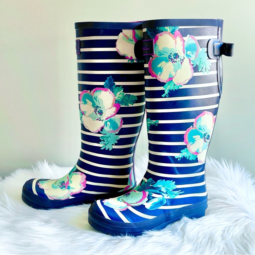 Joules Tall Welly Knee High Rain Boots - Navy Floral Stripe - Picture 2 of 7